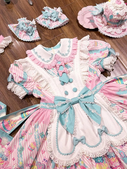 Bunny Collar Dress Pan Lolita Maid Blue Print Cupcake Peter and Pink
