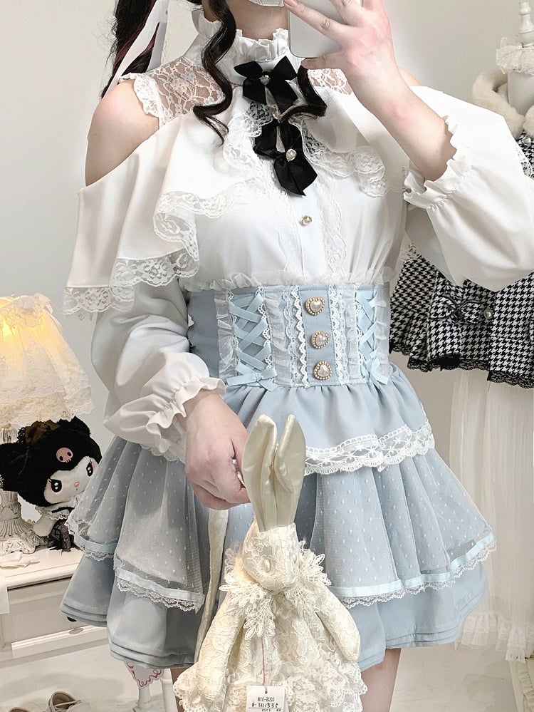 Bow Blouse Jirai with Neckline Shoulder Black/White Kei Illusion Cut-Out Decor