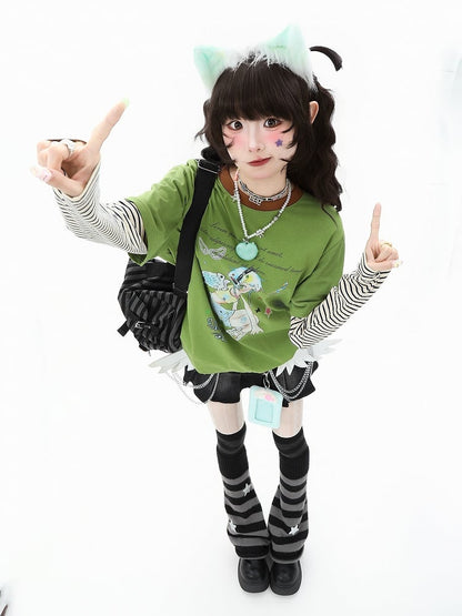 Green/White Sleeve Long Faux Two-Piece Top Y2K Cartoon Striped Print