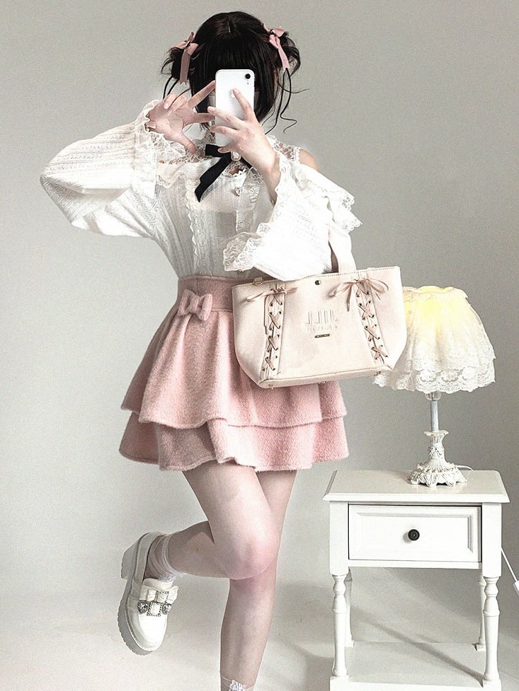 Double-Layer Pom-Pom Bow Skirt Jirai Kei Pink/Black/Off-White Ruffle Decor