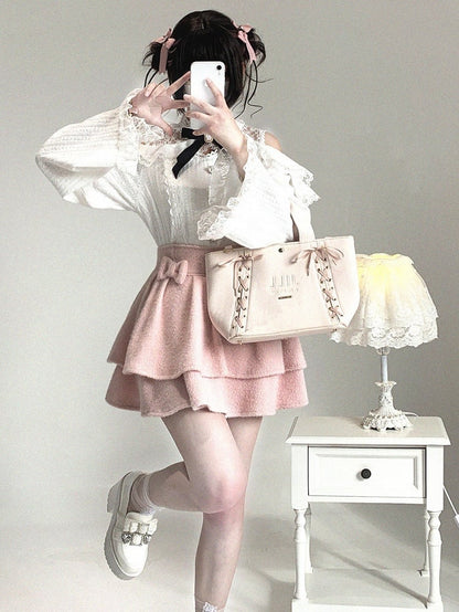 Double-Layer Pom-Pom Bow Skirt Jirai Kei Pink/Black/Off-White Ruffle Decor