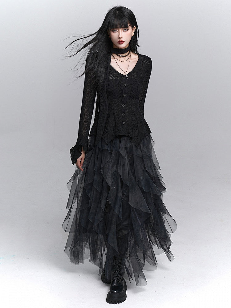 Skirt Asymmetrical Black  Tulle Cascading Gothic Ruffles with