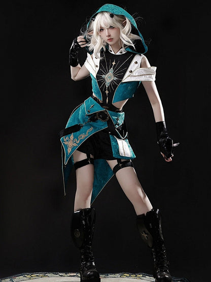 Teal Ouji Lolita Cutout Hooded Top + Asymmetric Metal Button Shorts Set - Xiong Dou Jiang