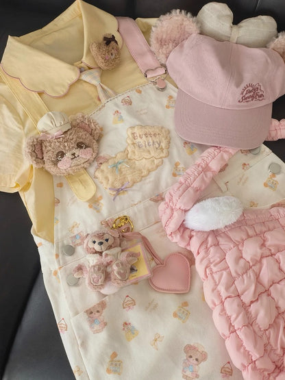 Bären-Stickerei-Applikation, weißer Plüsch-Keks mit Allover-Print, Overall-Rock