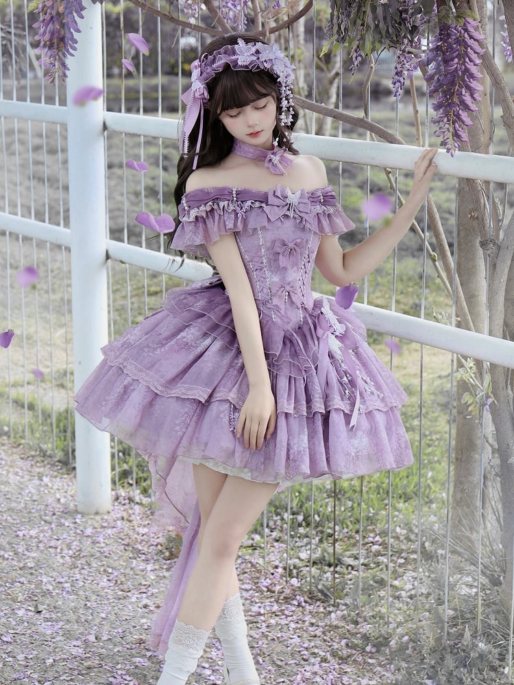 Fairy Lolita Taillenschleppe Balletcore Kleid Großes Korsett Glyzinien Tüllschleife mit Print Lila
