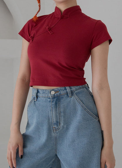 Frosch T-Shirt Crop Cheongsam Verfügbare Farben Knöpfe 5 Mandarin-Stil in mit Kragen -