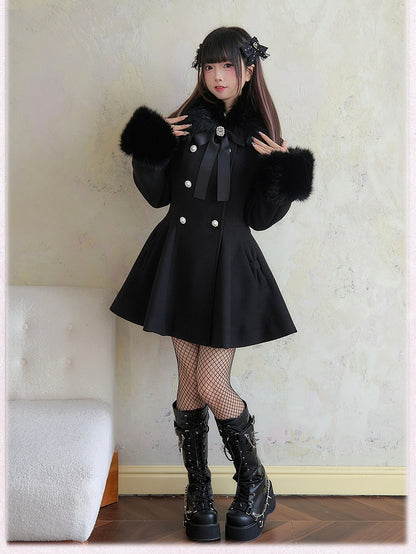 Rhinestone Double Detachable Jirai Kei Big Bow with Black Coat Breasted Fluffy Collar and Cuffs