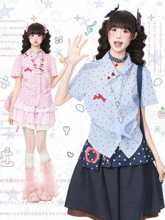 Heart Print Blue Asymmetrical Dolphin Embroidered Shirt - Languid Park