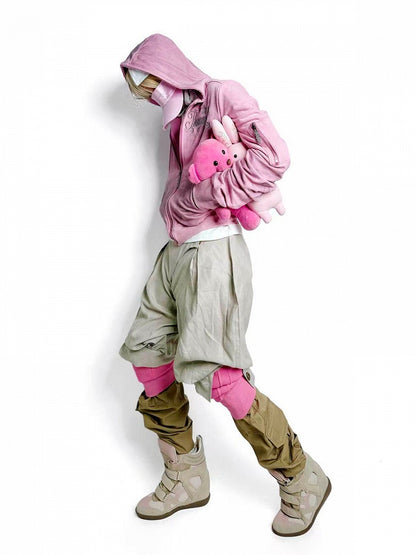 Genderless Punk Vintage Pink Zip-Up Hoodie with Letter Print - DETW OnLine
