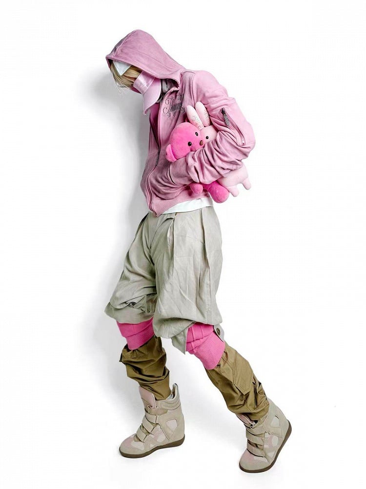 Washed Pink Zip Hoodie with Letter Print - DETW OnLine