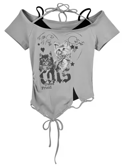 Two-pieces Hem Y2K Grey Cutout Shoulder Cat Print Drawstring T-Shirt Faux