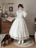 Classic White & Blue Lolita Long JSK Gown with Butterfly Bow and Layered Skirt - Miss Cube Dressworks