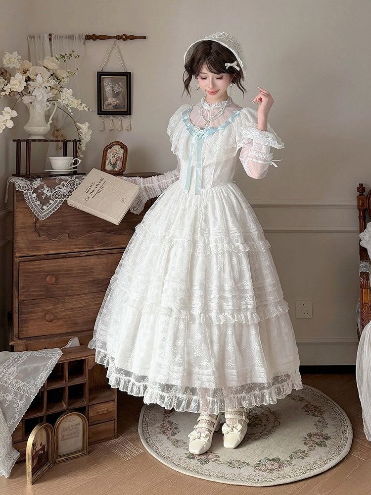 Classic White & Blue Lolita Long JSK Gown with Butterfly Bow and Layered Skirt - Miss Cube Dressworks