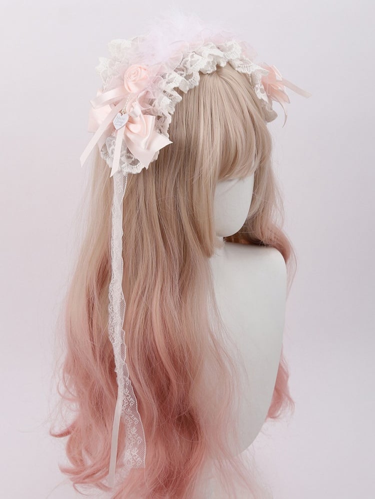 and Lace Hairband Lolita White Pink Sweet with Rose Decor Feather