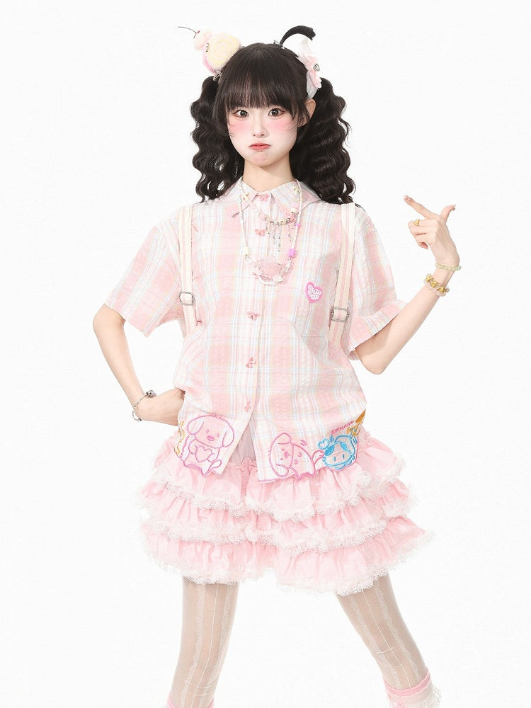 Rose Kawaii Tartan Tee with Pup Motif and Ribbon Buttons - Languid Park