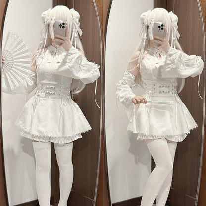 Jirai Kei White Jacquard Cheongsam with Set Detacable Collar Waist Chain+Lace-up Top Beaded Shorts