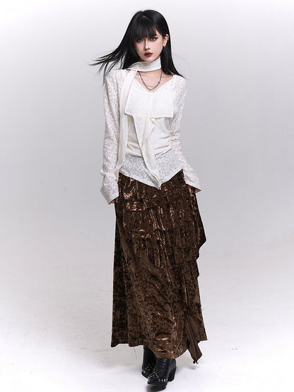 Black / Brown Velvet Maxi Skirt with Asymmetric Pleats and Cascading Ruffle Trim