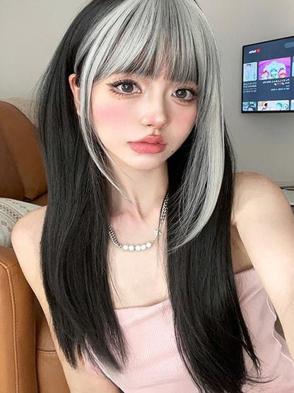 ブラック 65cm アンダーバスト丈 ストレートウィッグ シルバー フルバング