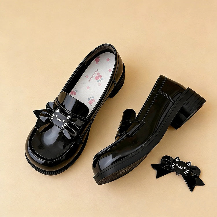 Paw PU Bow Heels Cat-themed Slip-on Detachable Shoes Uniform Cat Heeled Black 4cm Clips with