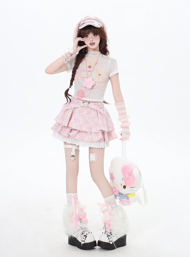 Cropped Beige/Light Pink Yume T-Shirt Adorable Animal Print Semi-sheer Kawaii
