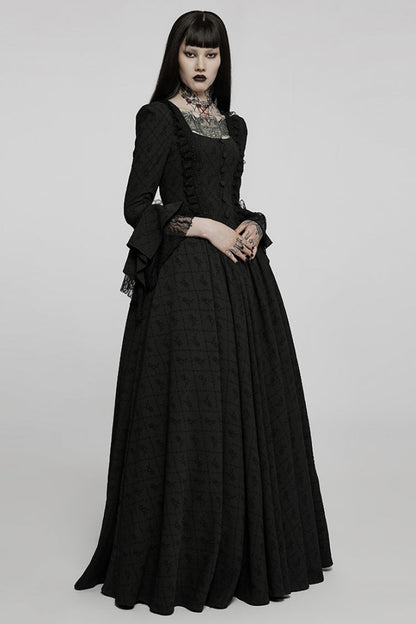 Black Square Neck Long Trumpet Sleeves Rose Print Lace Elegant Gothic Dress