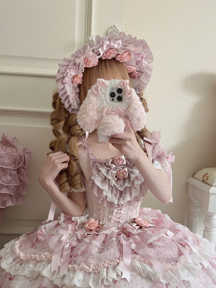 Adorned with Flowers Lolita Bow Pink Bonnet Accents and Lace-Trimmed