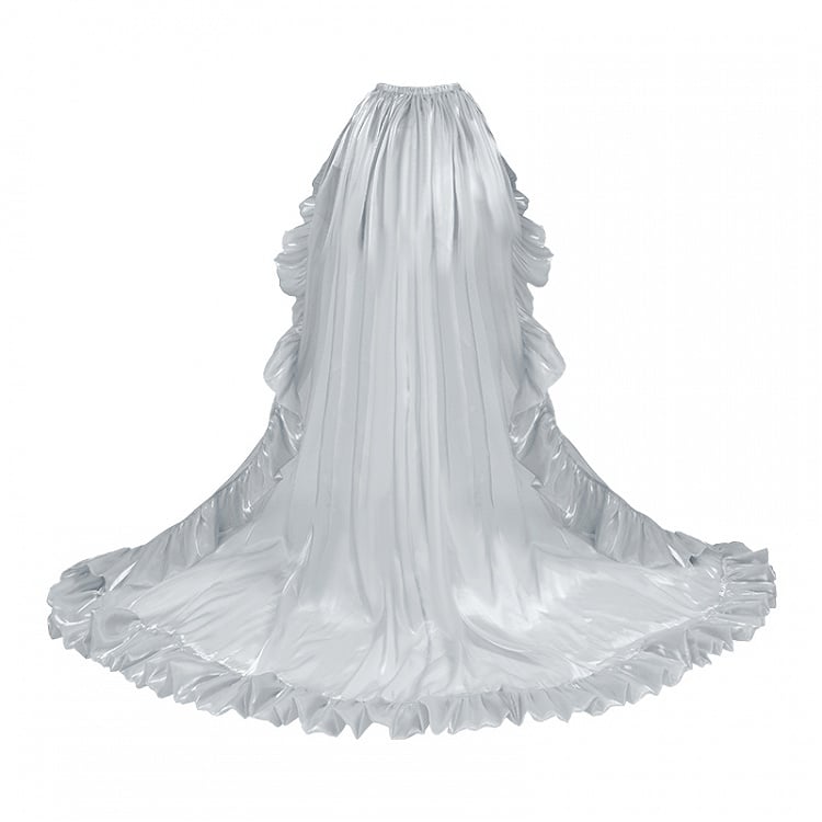 / トリムトレインフロアブルー丈フラウンスグレーベージュ