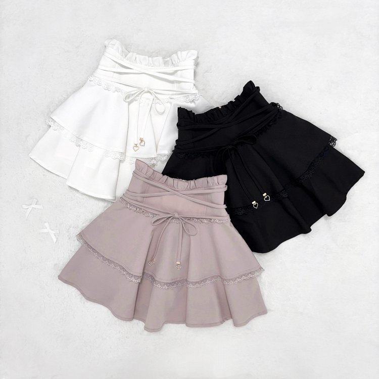 Ruffled High Tie and Black/Dusty Design Detail Pink/White in Corset Waist Skirt Double-Layer