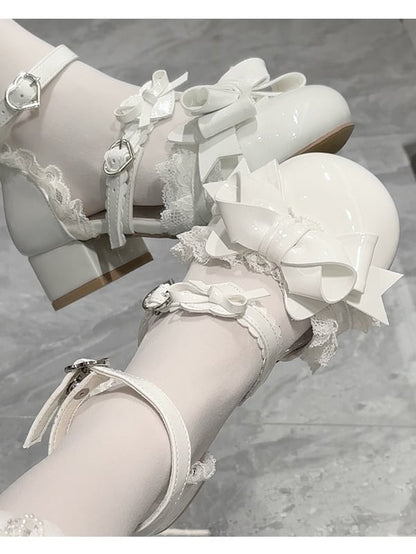 at - Sweet Toe Round Top Trim Bow White Sandals Low-heel Lolita Lace