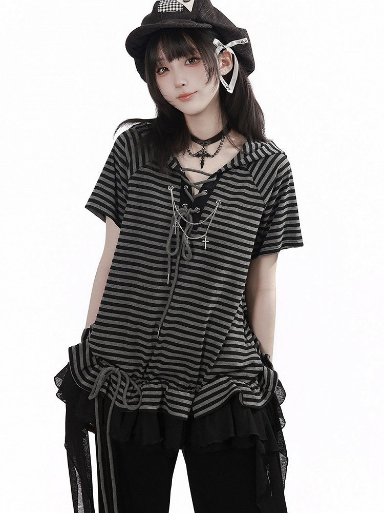 Striped Hooded Tee with Ruffle Hem & Streamers - Black Gray - PINK SAVIOR