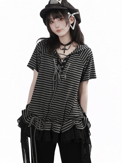 Striped Hooded Tee with Ruffle Hem & Streamers - Black Gray - PINK SAVIOR