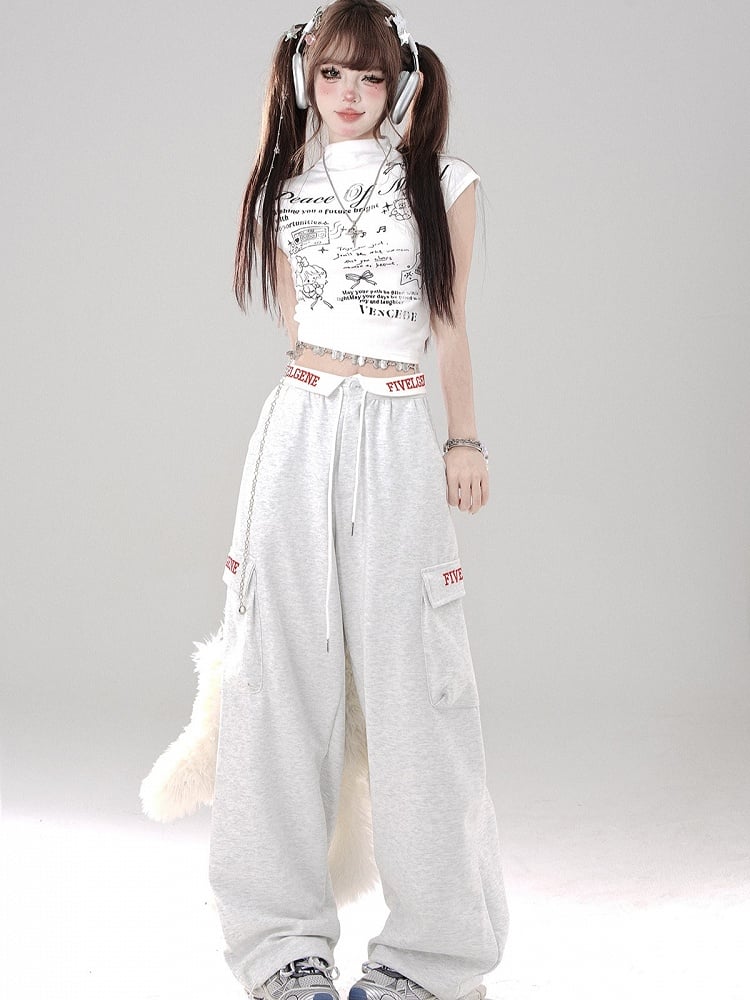 Pants Letter - Waistband Wide-Leg Pockets Gray Foldover Embroidered