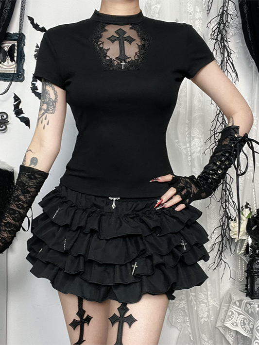 Cross Sleeve Black Cutout Halloween Charm with Top Short Tulle Applique Gothic Hexagon
