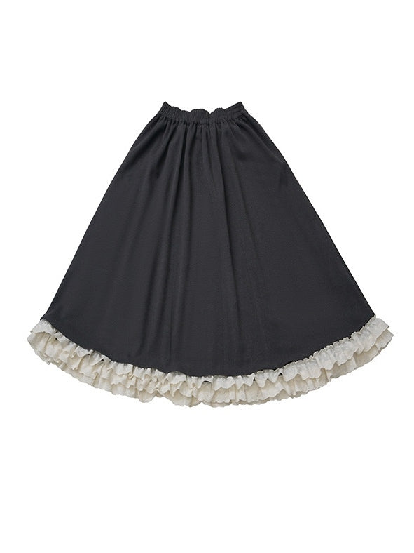 with Ruffle Tiered Waist Gray Hem Skirt Kawaii Elastic Daily