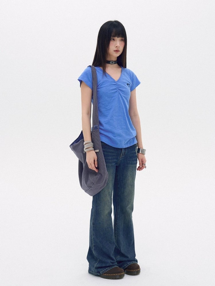 Sky Blue Cotton V-Neck Tee with Key Embroidery - innomoood