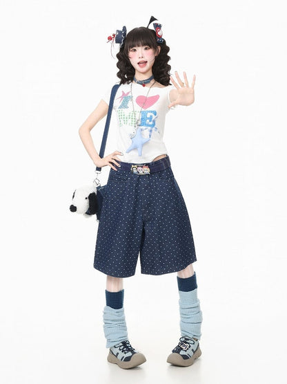 Dark Blue Wide Leg Denim Shorts with Polka Dot Pattern - Languid Park