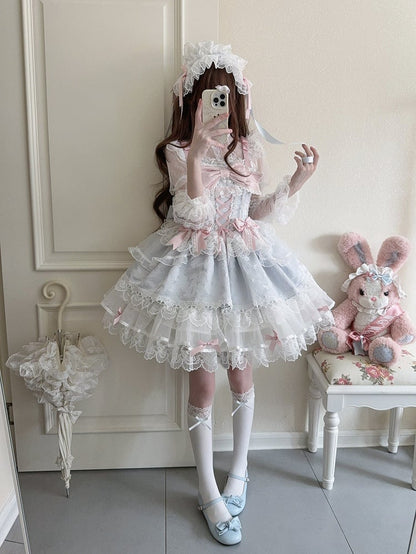 Jacquard Only Princess Dreamy Blue Train with Details JSK Ruffled Bow / Lace Dress Embossed + Lolita
