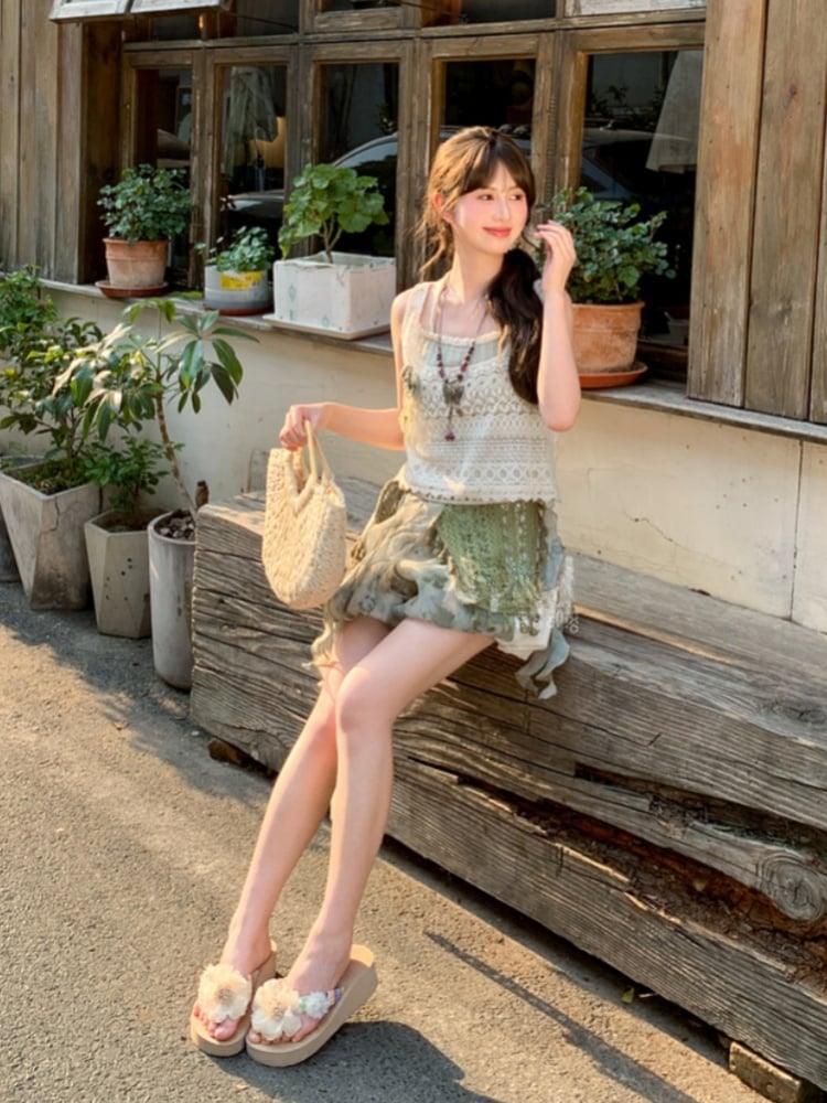 Shorts Dye Lace Waist Mori Kei Green Elastic Side Patches Tie