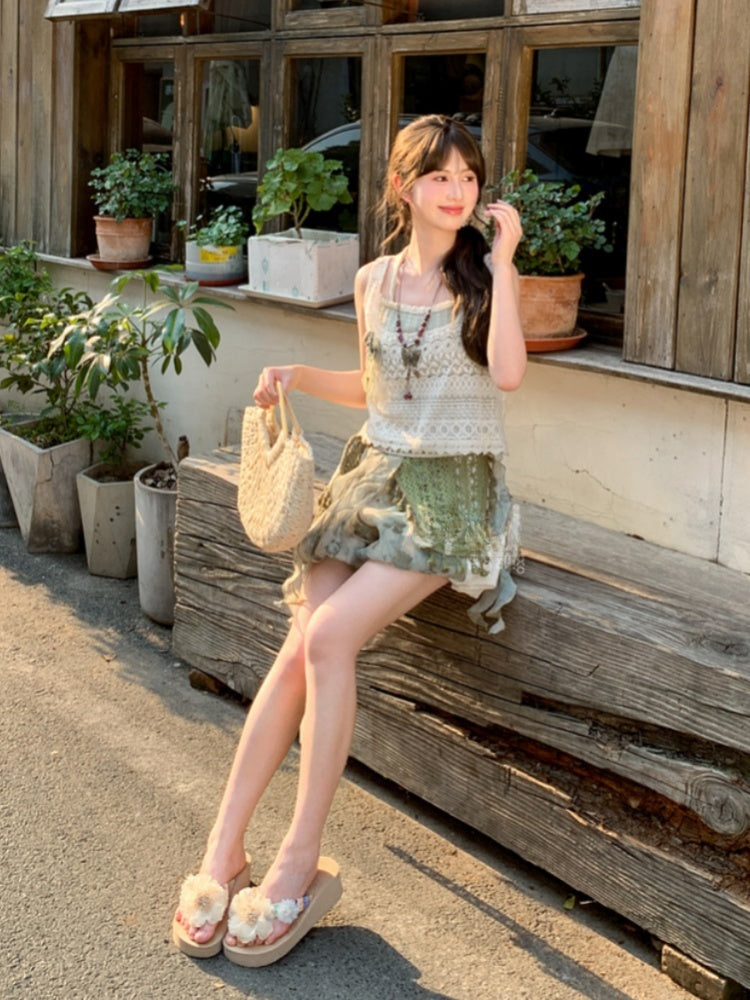 Side Waist Patches Shorts Dye Lace Mori Kei Green Elastic Tie