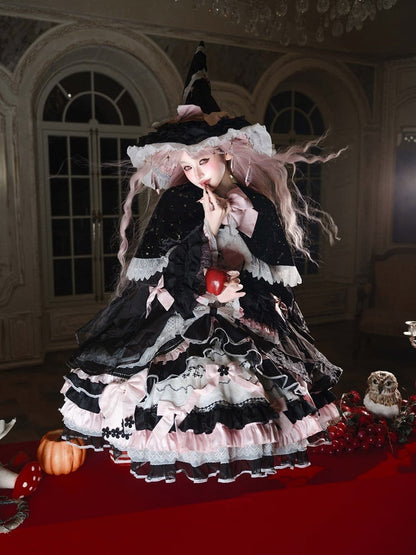 Witch-Themed Cross Accent Lolita JSK Full Ensemble in Black and Pink with Bow Train, Cape, Detachable Sleeves, Hat and Outer Sleeves - Felinae Cookie