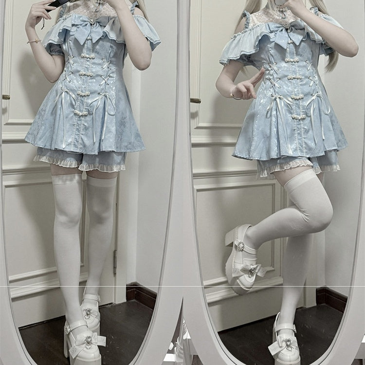 ショートパンツ、蝶ネクタイ、チャイナドレス、ライト、ネックライン、ケイスタイルセット - ジライイリュージョンミニドレス、ブルー、ベルスリーブ