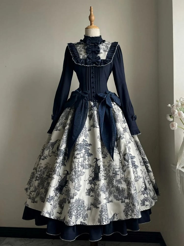 Piece Animals Lolita White Print Long-Sleeve One Dark Elegant Blue Forest