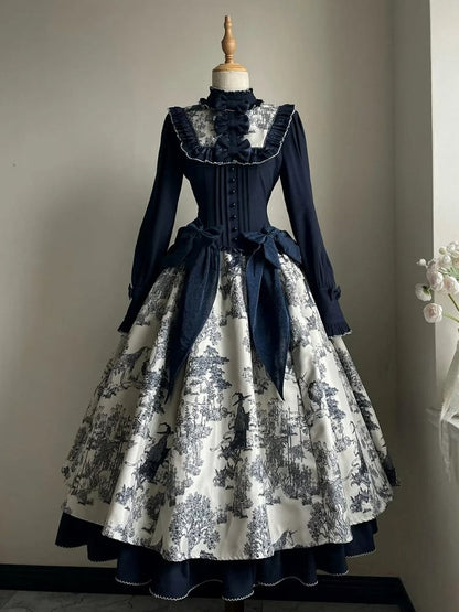 Piece Animals Lolita White Print Long-Sleeve One Dark Elegant Blue Forest