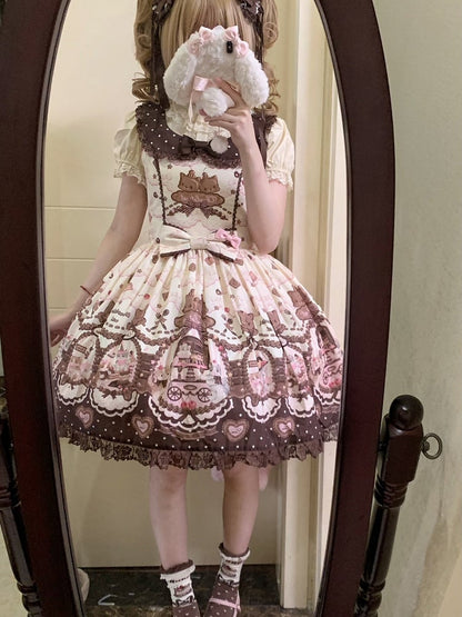Sleeves Lolita Floral with Puff JSK Theme Cat Dress Sweet Chocolate Print