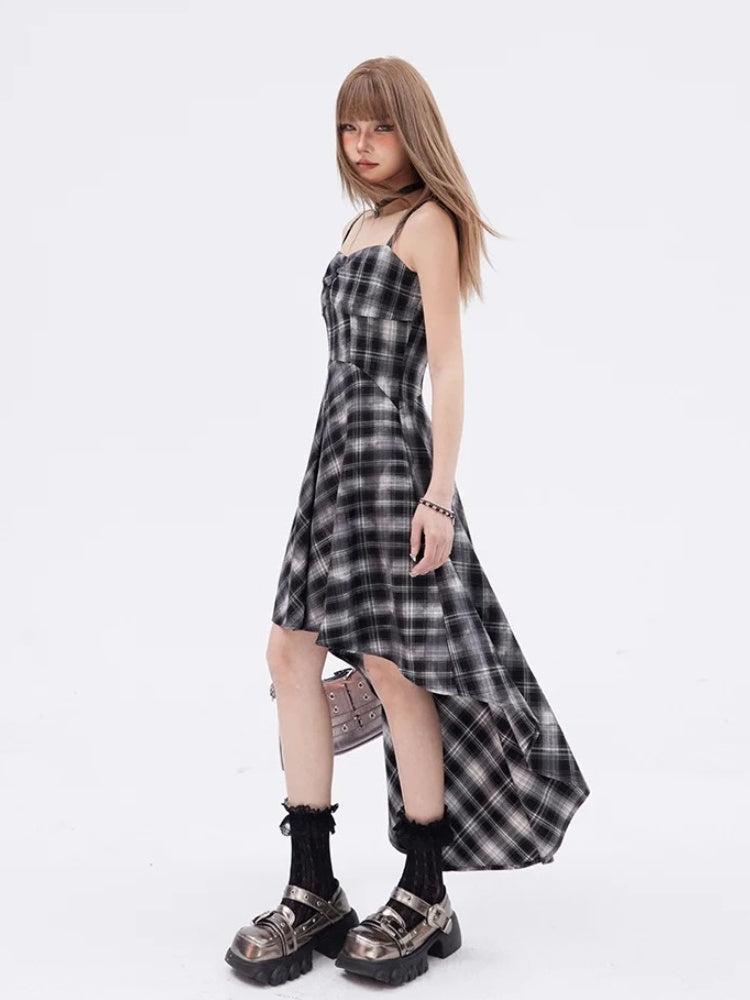 High-low Neckline Skirt Dress Black  White Plaid Sweetheart Slip