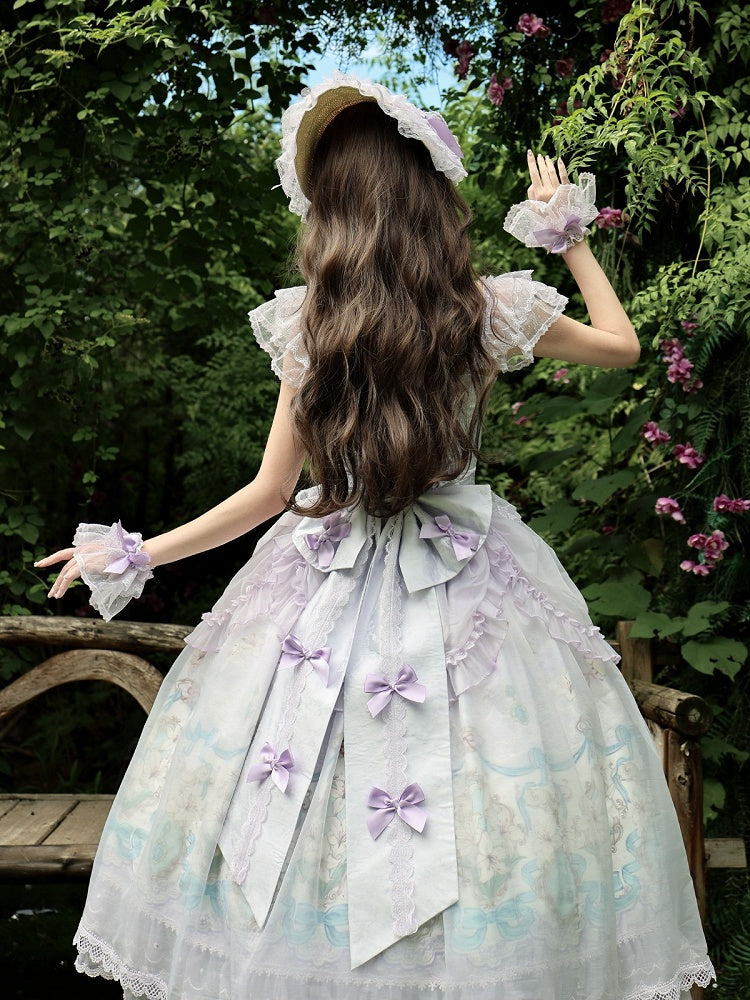 Purple Lily Print Lolita JSK Gown with Tulle Overlay and Back Bow Set - White Sugar Girl
