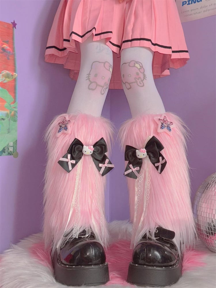 ピンク/ブラック Y2K スター＆キティ リボン結び シャギー レッグウォーマー