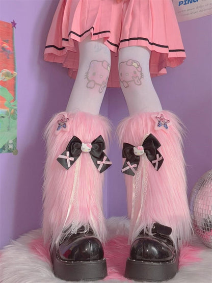 ピンク/ブラック Y2K スター＆キティ リボン結び シャギー レッグウォーマー