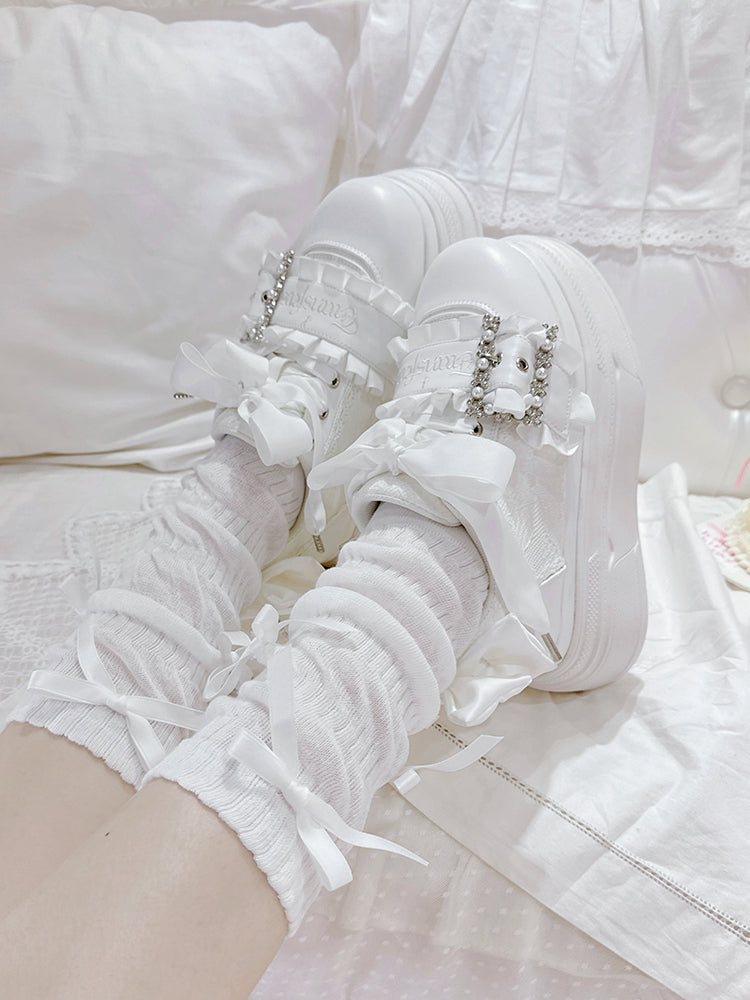 Buckle White Bow Jirai Shoes Beaded Design Kei Platforms Accents
