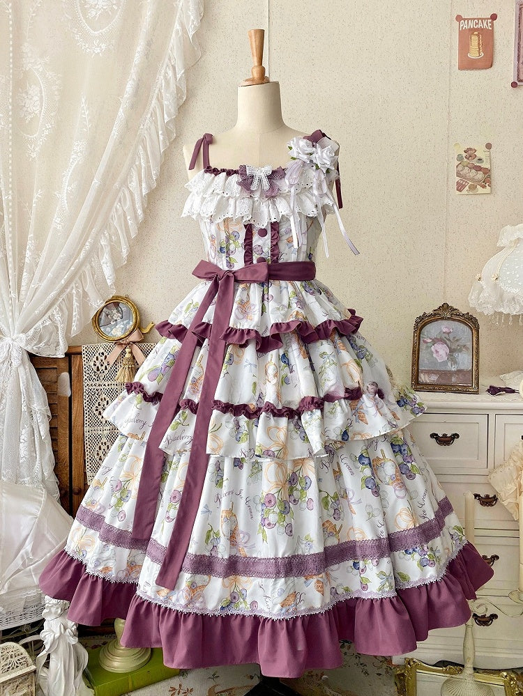 Lolita-Rüschen und Eiscreme-Lila-Rock, gestuftes Blaubeerkleid, Besatz mit Print